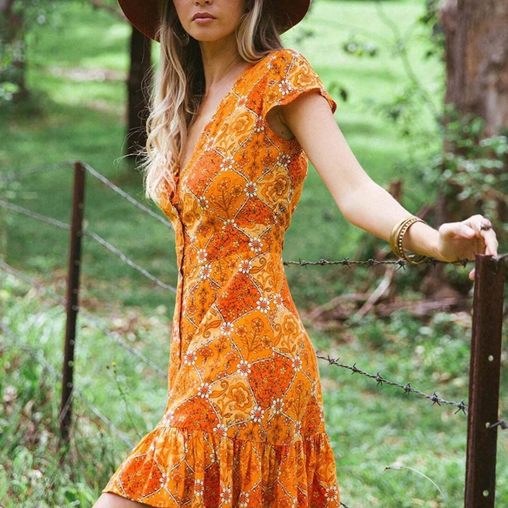 Orange 1970s Boho Mini Dress